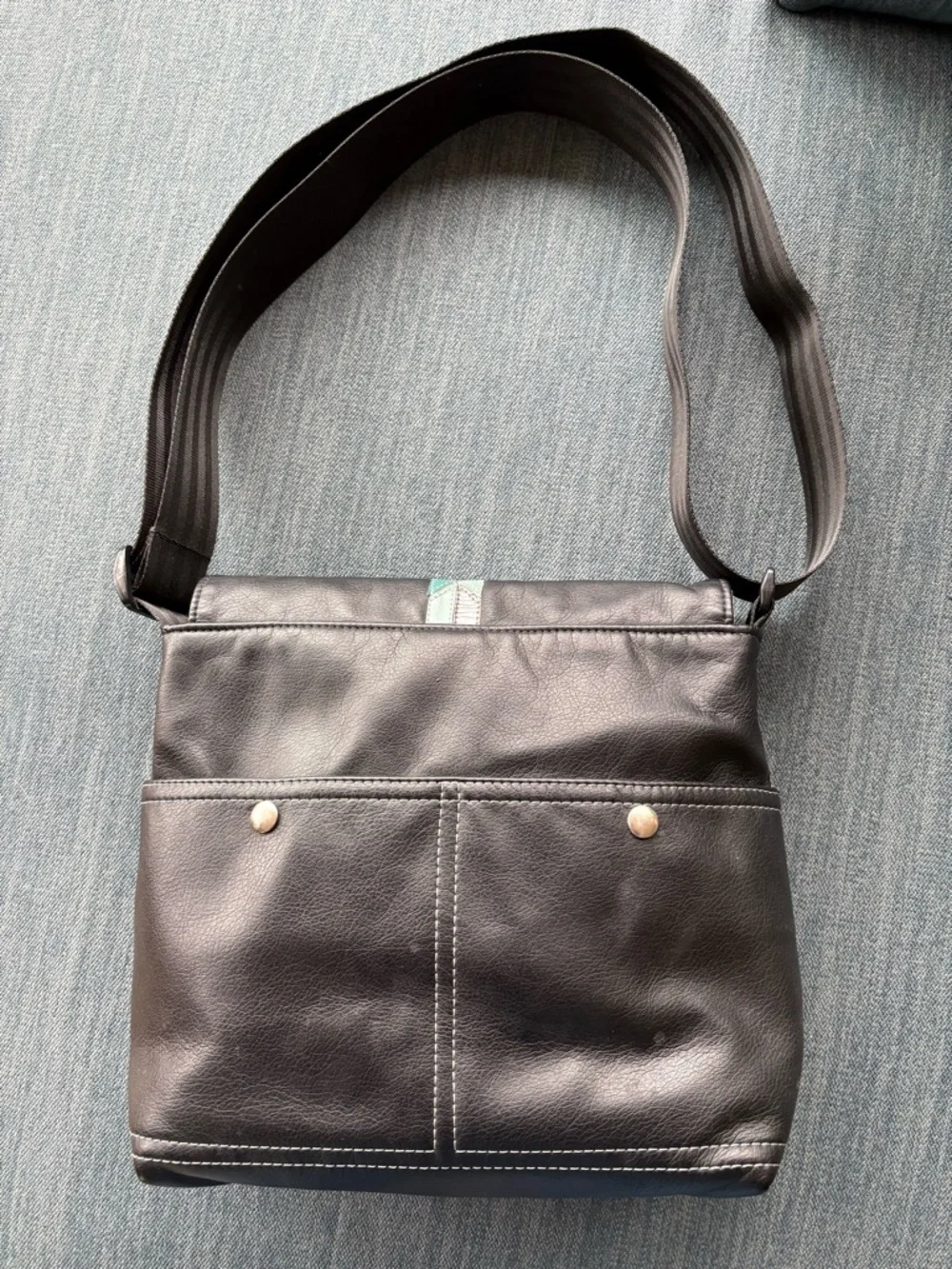 Queen Bee crossbody- Black Vegan Leather Crossbody Bag with Teal Accent - Picture 3 of 7